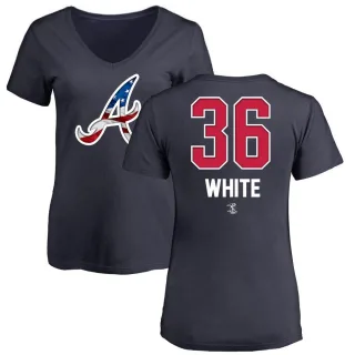 Women's Atlanta Braves Eli White White Name and Number Banner Wave V-Neck T-Shirt Navy